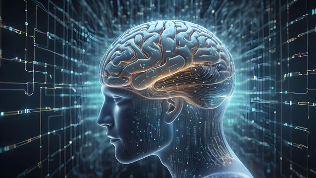 3D rendering of human head with brain and digital binary code background