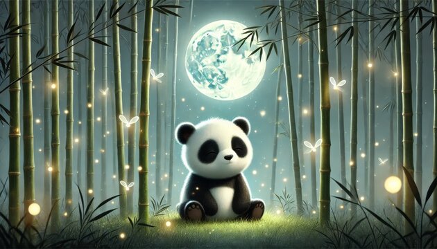A cute panda sitting contently amidst tall bamboo shoots, with glowing fireflies around it under a soft moonlight.