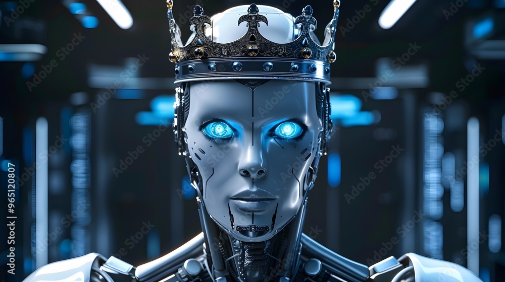 Poster a close-up of a white robot with a crown on its head, looking directly at the viewer with glowing bl
