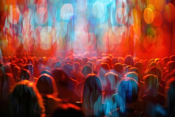 Abstract representation of a lively crowd at a concert, featuring vibrant colors and blurred...