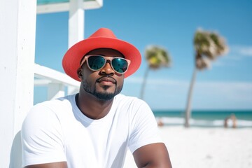 Stylish black man in sunglasses posing on lifeguard tower at beach