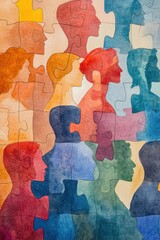 Fototapeta premium Watercolor painting of diverse figures as puzzle pieces