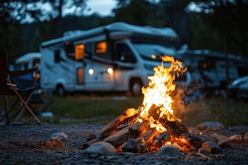 Summer camping at RV park with motorhome campfire