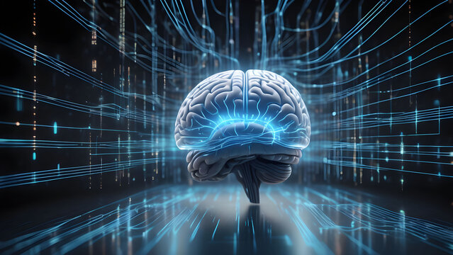 Digital illustration of human brain in colour background with binary code 3D rendering