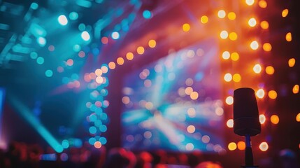 Obraz premium Vibrant stage lights create a lively atmosphere, perfect for concerts and events, with blurred microphone in the foreground.