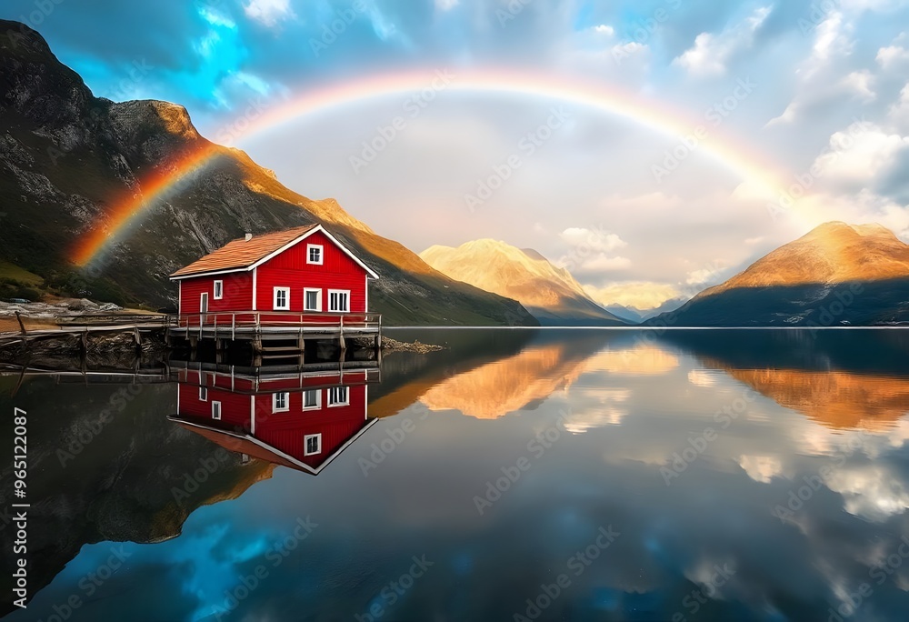 Wall mural Landscape with a cottage by the water, surrounded by mountains and a rainbow.