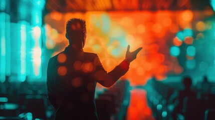 Obraz premium A dynamic speaker engaging an audience under vibrant lights, creating an inspiring atmosphere for creativity and connection.