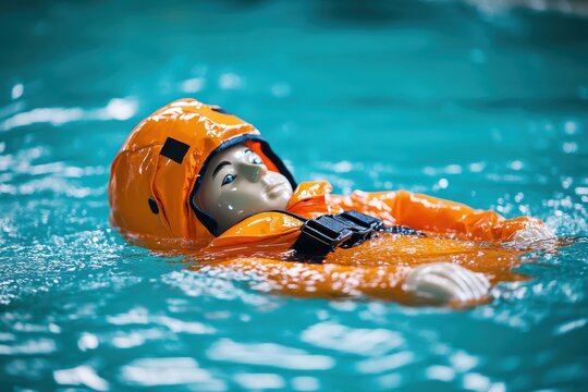 Water rescue training with trainer and dummy in pool with focused selection