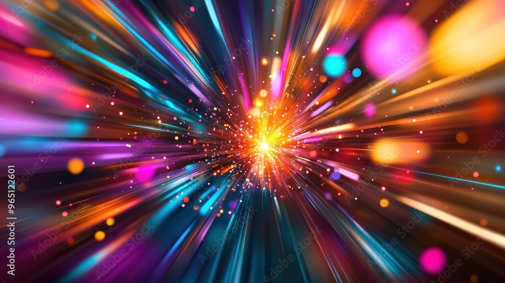 Poster a colorful explosion of light and color. the image is a burst of vibrant colors and shapes, creating