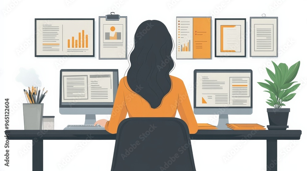 Poster the data analyst: a woman immersed in a world of data, analyzing charts and reports on multiple scre