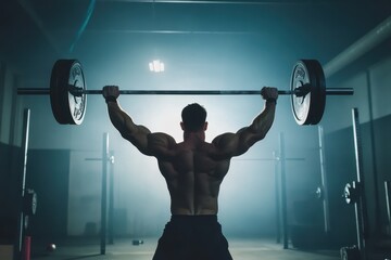 Fototapeta na wymiar Weightlifter displaying strength by lifting heavy barbell overhead during military press at crossfit gym