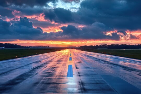 Wet airport runway at sunset