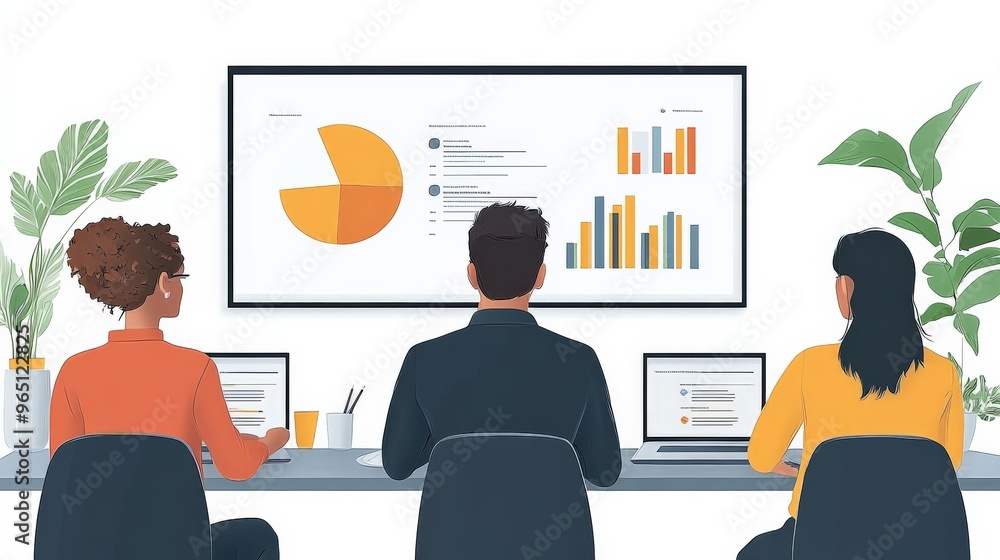 Poster data-driven insights: a team collaborates, analyzing charts on a large screen in a modern office set