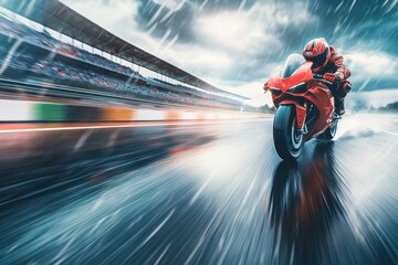 Wet racetrack on sunny day fast motion blur race ready