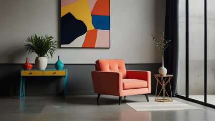 A vibrant and eclectic interior design concept showcasing a colorful, Memphis-style armchair next to a sleek console table. Thearmchair features a bold geometric pattern in shades of pink, blue, yello