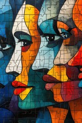 Cubist pop art illustration of diverse figures as puzzle pieces