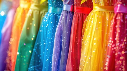 Dress-Up Clothes: Fun, colorful dress-up clothes like princess gowns, superhero capes, and sparkly tutus hang on a rack, inviting imaginative play.
