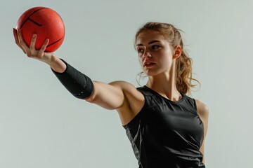 Woman athlete with elbow pad playing handball on white surface