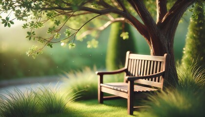 A detailed and peaceful scene of a wooden bench placed under a tree.