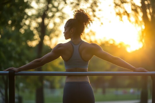 Woman exercising on outdoor parallel bars at sunset in public park