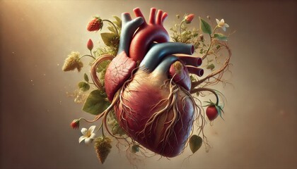 A detailed and realistic close-up of a human heart intertwined with natural elements like roots, vines, and flowers.