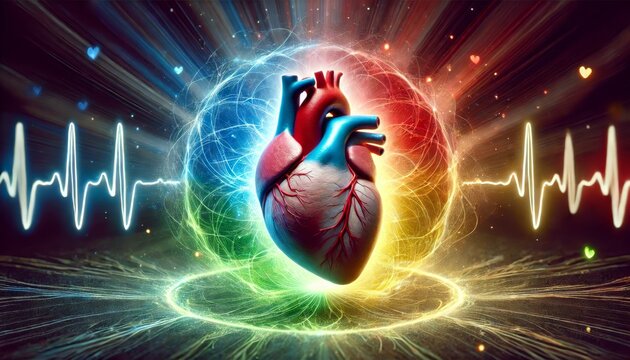 A hyper-realistic close-up of a human heart surrounded by an emotional aura.