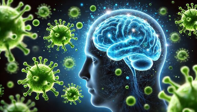 A highly detailed image of a blue-glowing human brain with green virus particles hovering around it.