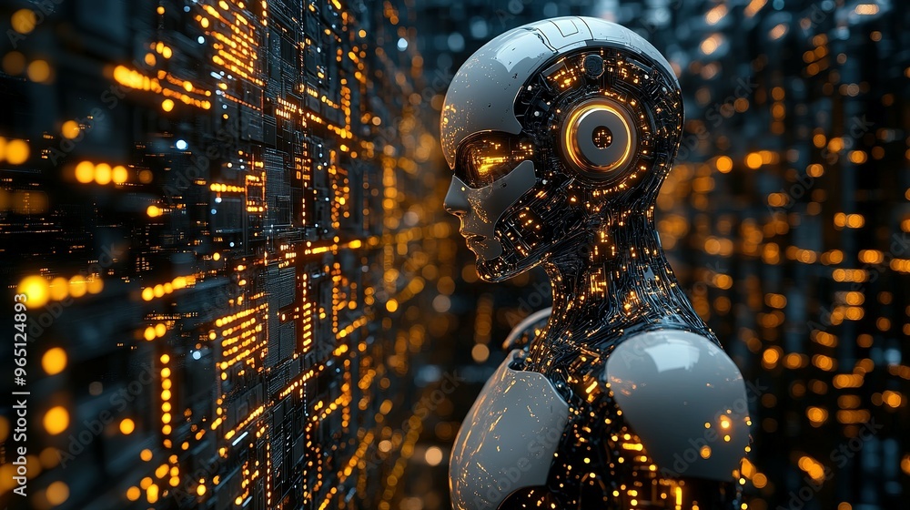 Aufkleber a futuristic robot with glowing circuits stands before a wall of data