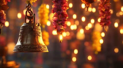 Traditional Temple Bells with Floral Garlands and Glowing Lights