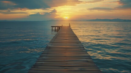 Obraz premium Stunning Sunrise Over Serene Ocean from Wooden Pier â€“ Captivating Landscape Photograph for Travel Inspiration