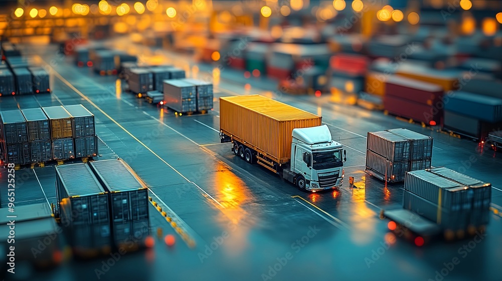 Wall mural cargo truck transporting a container at a shipping port at night