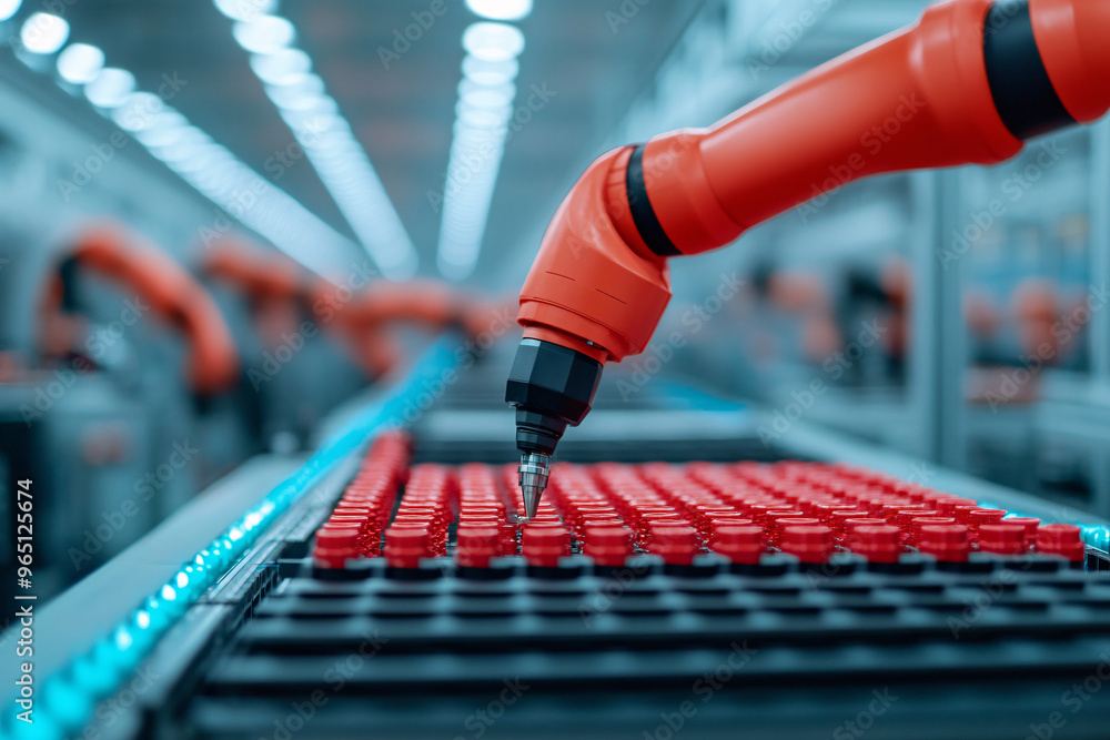 Aufkleber close-up of a robotic arm working in a modern factory, assembling red components on a conveyor belt.
