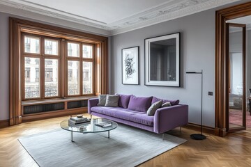 Fototapeta premium Modern living room with a purple sofa and large windows.
