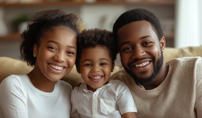A happy black colored family with two children sitting on the sofa at home, laughing and playing together in the living room. High-quality, realistic photograph. 