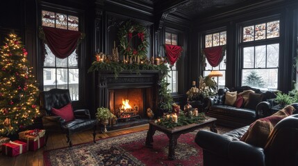 Victorian Gothic Living Room with Festive Fireplace and Black Walls