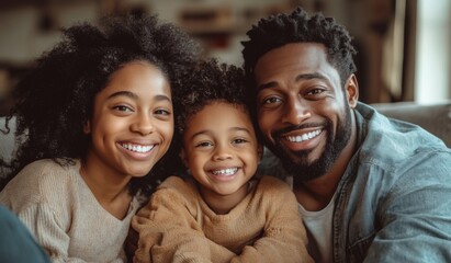 A happy black colored family with two children sitting on the sofa at home, laughing and playing together in the living room. High-quality, realistic photograph. 