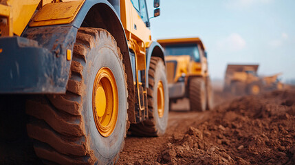 Heavy machinery on a construction site, showcasing powerful tires and robust design for earthmoving...