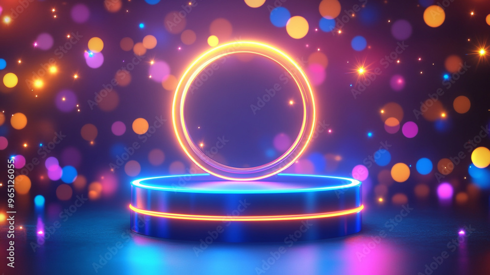 Poster vibrant illuminated stage with a glowing circular display under colorful bokeh lights at night