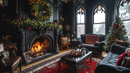Victorian Gothic Living Room with Festive Fireplace and Black Walls