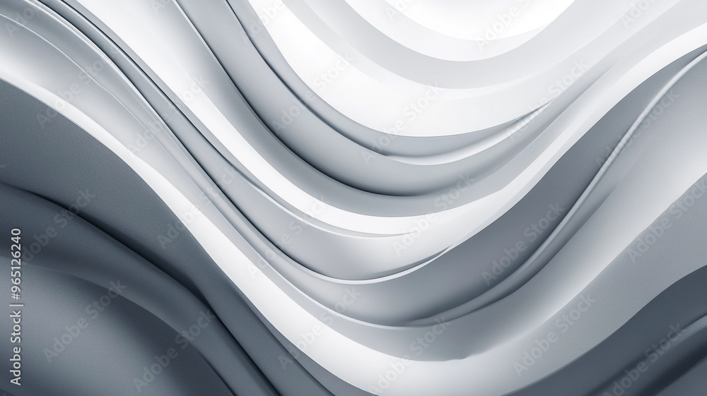 Poster flowing abstract illustration of soft waves in shades of gray and white, creating a sense of motion