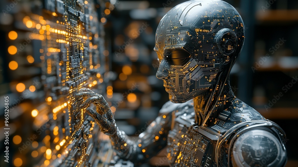 Aufkleber a humanoid robot with a glowing circuit board face interacts with a glowing circuit board wall.