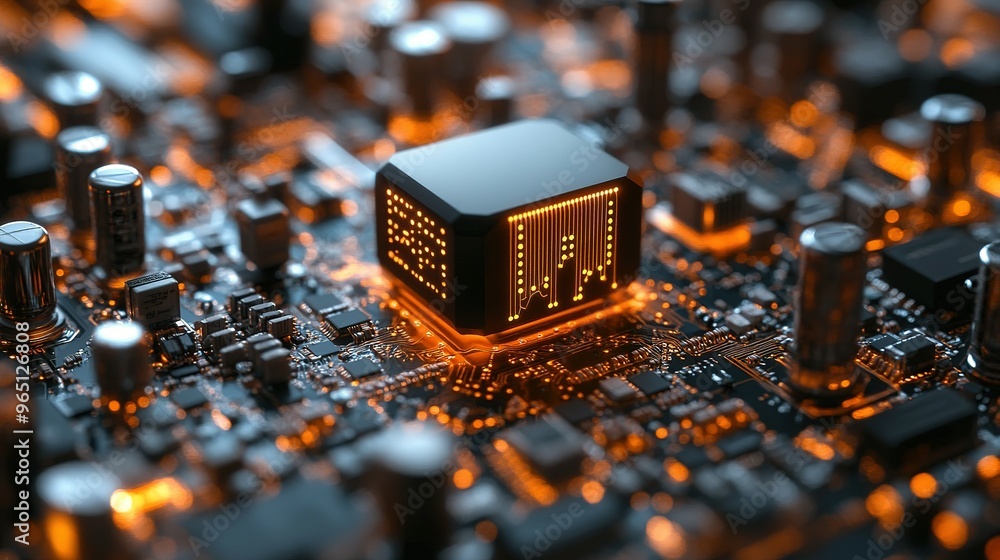 Poster illuminated microchip on circuit board with orange glowing lines
