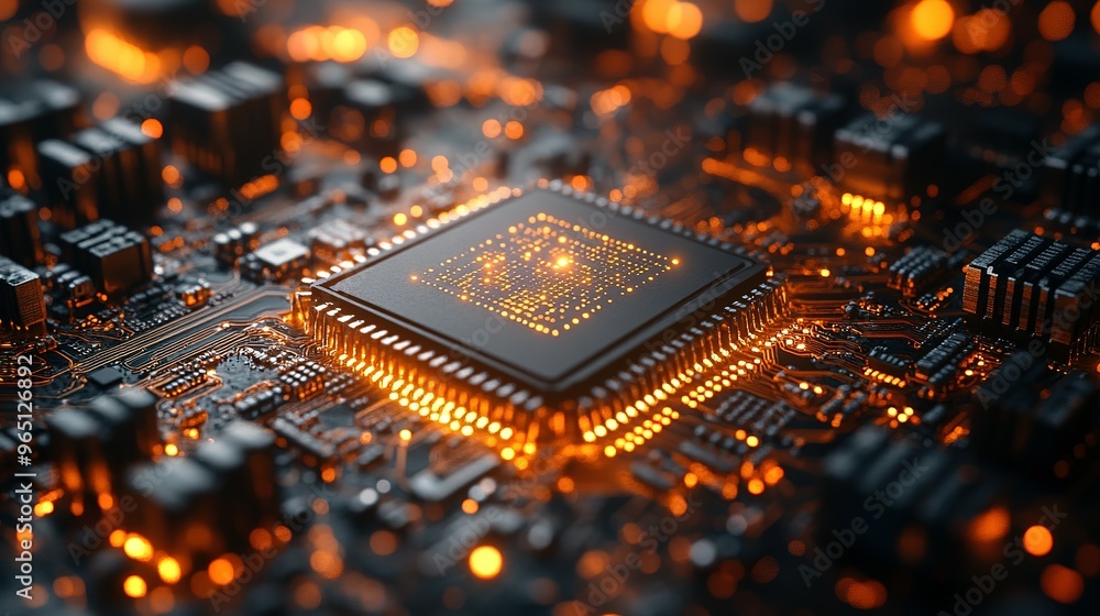 Aufkleber illuminated microchip on a circuit board with orange glowing lights