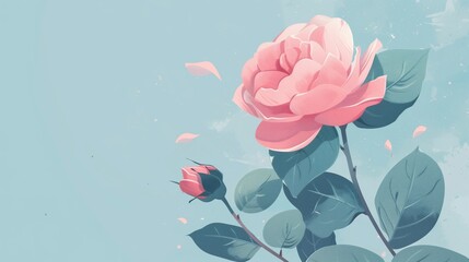 Beautiful Pink Rose Blooming with Buds Against a Soft Blue Background, Stunning Floral Illustration for Nature and Garden Themes