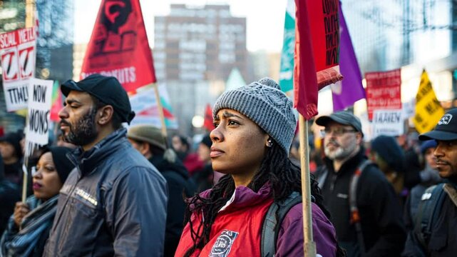 Workers' rights holiday gathering, highlighting a diverse group of workers rallying for labor rights, with signs and banners emphasizing solidarity and fair treatment