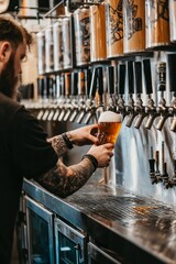 A craft beer taproom’s bartender pouring a fresh pint from a tap. The bar is lined with various beer kegs and taps, Generative AI