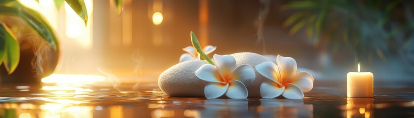 Couples massage with plumeria fragrance, luxurious wellness retreat, soft lighting, calming steam, ultra-detailed, photorealistic, high-resolution cinematic self-care experience