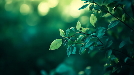 Delicate green leaves illuminated by soft sunlight in a serene forest setting