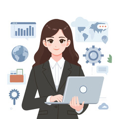 business woman with laptop in flat illustration