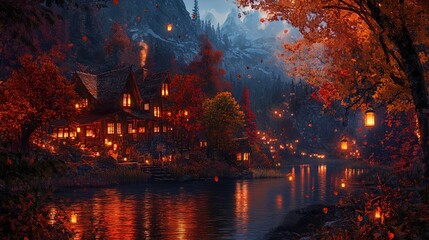 A picturesque evening scene portrays a charming, rustic house nestled by a serene riverbank amid a dense forest. The house is warmly illuminated, casting a golden glow that reflects off the calm water